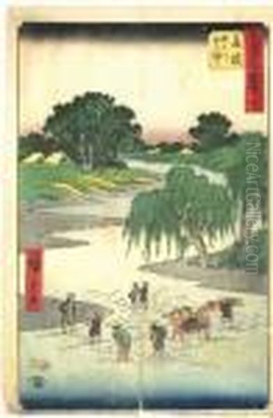 Voyageurs Passent Une Riviere A Gue Oil Painting by Utagawa or Ando Hiroshige