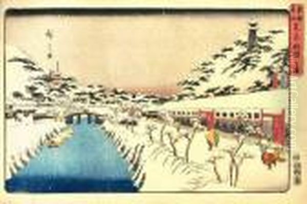 Le Pont Akabane A Shiba. Oil Painting by Utagawa or Ando Hiroshige