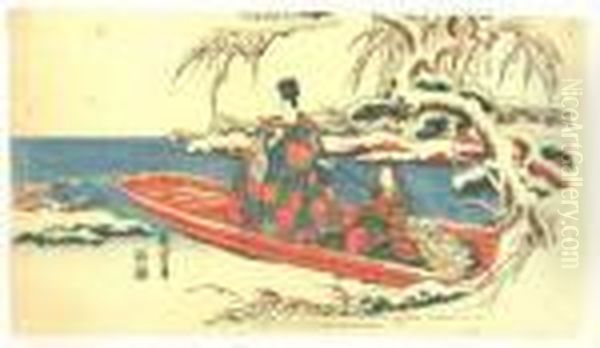 Un Seigneur Et Sa Maitresse Dans Une Barque Oil Painting by Utagawa or Ando Hiroshige