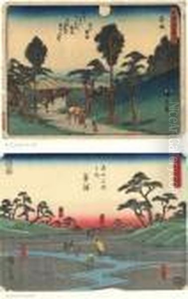 Scene De Paysage Avec Vue Du Lac. Paysage Avec Coucher Du Soleil. Oil Painting by Utagawa or Ando Hiroshige