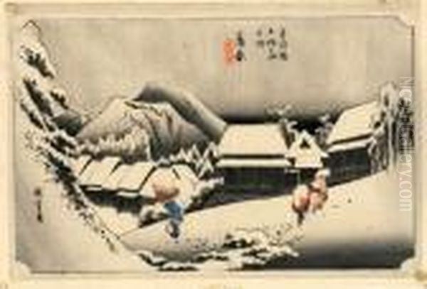 Les Cinquante Trois Stations Du Tokaido, Kambara, Yoru No Yuki Oil Painting by Utagawa or Ando Hiroshige