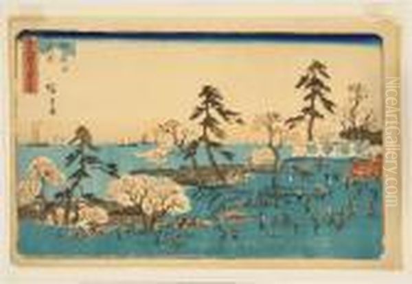 Figures Picnicking Beneath Cherry Trees. Oil Painting by Utagawa or Ando Hiroshige