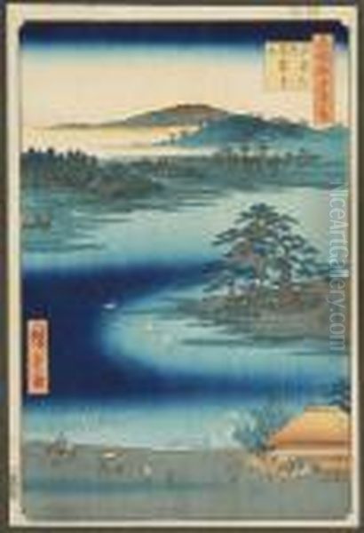 Landscape Scene With Cranes In Flight Oil Painting by Utagawa or Ando Hiroshige