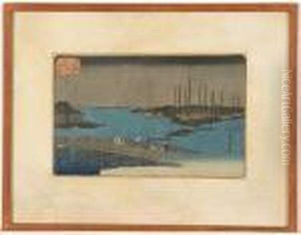 Harbor Scene At Night With Figures On A Bridge Oil Painting by Utagawa or Ando Hiroshige