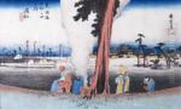 Depicting Laborers Around A Bonfire Along A Bare Rice Field Oil Painting by Utagawa or Ando Hiroshige