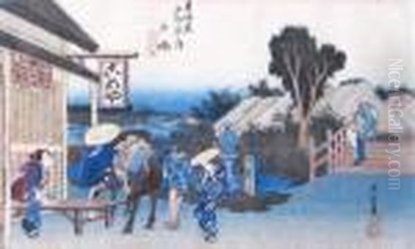 Depicting A Man Dismounting Form
 His Horse In Front Of An Open Tea-house, While A Waitress Stands By To 
Receive Him Oil Painting by Utagawa or Ando Hiroshige