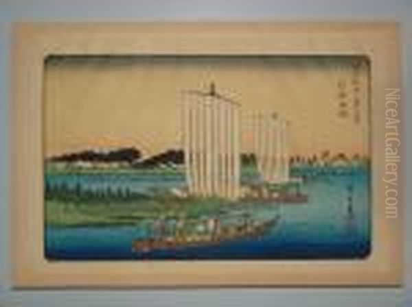 Retour De Bateaux A Gyotoku Oil Painting by Utagawa or Ando Hiroshige