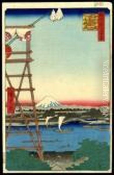 Ekoin, The Ryogoku District, And Moto Yanagi Bridge Oil Painting by Utagawa or Ando Hiroshige