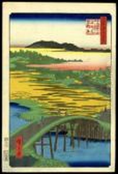 Sugatami Bridge, Omokage Bridge, And The Gravel Beds At Takata Oil Painting by Utagawa or Ando Hiroshige