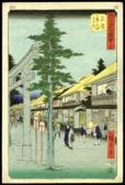 The First Entrance Gate To The Daimyojin Shrine At Mishima Oil Painting by Utagawa or Ando Hiroshige