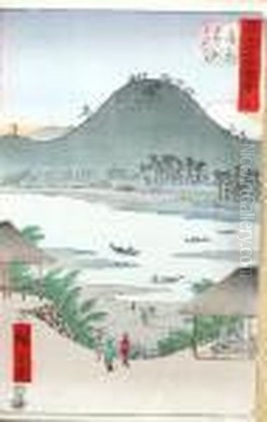 Village Et Mont Fuji Oil Painting by Utagawa or Ando Hiroshige