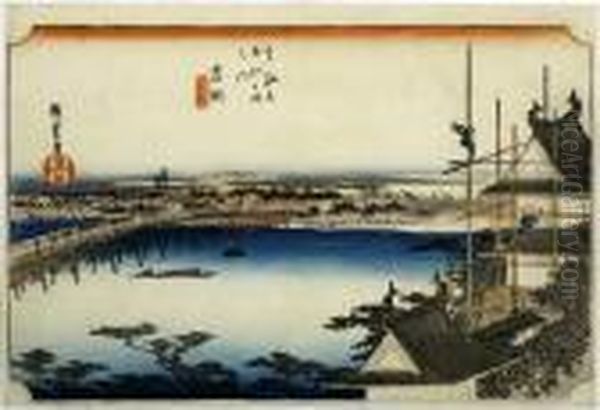 Yoshida, From The Series Tokaido Gojusan Tsugi Oil Painting by Utagawa or Ando Hiroshige