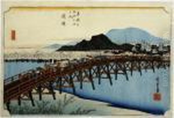 Okazaki, From The Series Tokaido Gojusan Tsugi Oil Painting by Utagawa or Ando Hiroshige