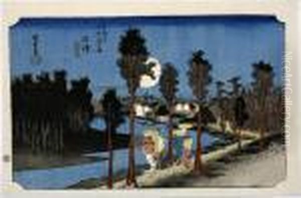 Night Time Walking At Numazu, From The Series Tokaido Gojusan Tsugi Oil Painting by Utagawa or Ando Hiroshige