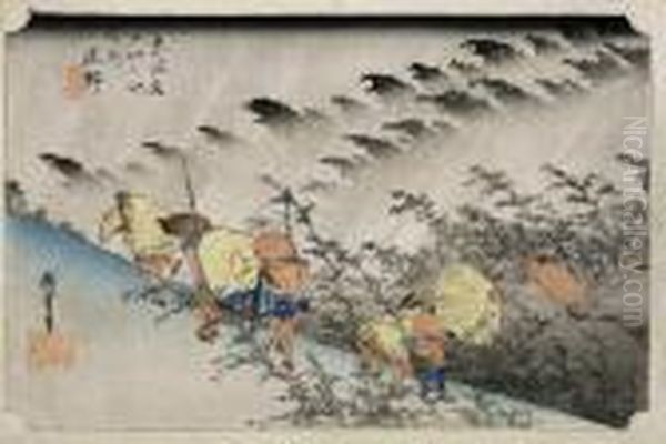 Driving Rain At Shono, From The Series Tokaido Gojusan Tsugi Oil Painting by Utagawa or Ando Hiroshige