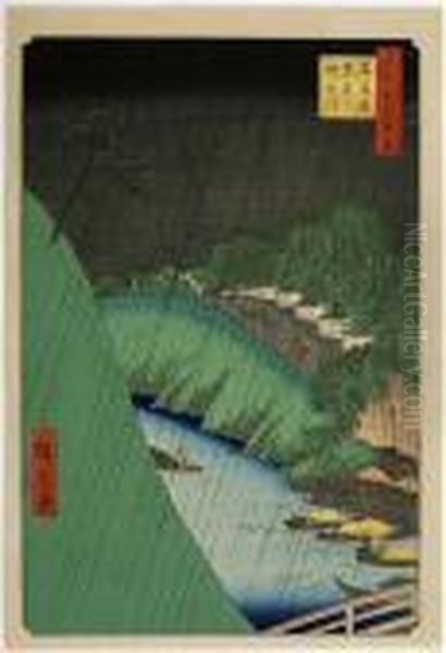 Shoheibashi Temple At Kanda River, From The Series Meisho Edo Hyakkei Oil Painting by Utagawa or Ando Hiroshige