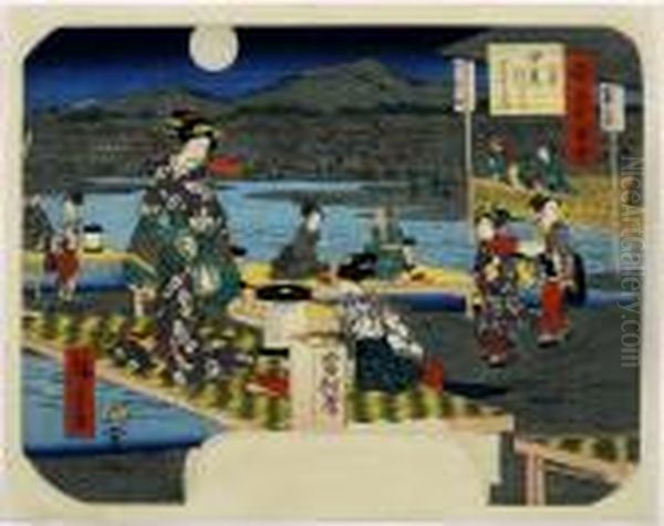 Night Time At Shijogawara In Kyoto, From Yamato Meishozue, Depicted On A Fan Oil Painting by Utagawa or Ando Hiroshige