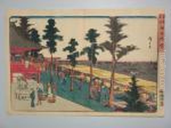 Le Temple Myojin A Kanda Oil Painting by Utagawa or Ando Hiroshige