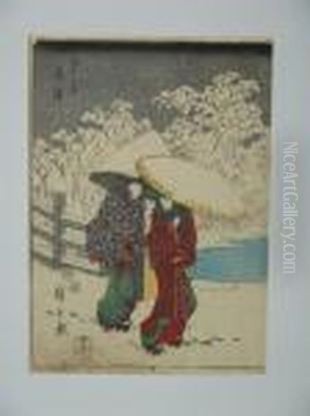 Estampe De Hiroshige, Serie Du 
Jimbutsu Tokaido, Station 7, Le Village De Fujisawa Sous La Neige. Vers 
1848. Oil Painting by Utagawa or Ando Hiroshige