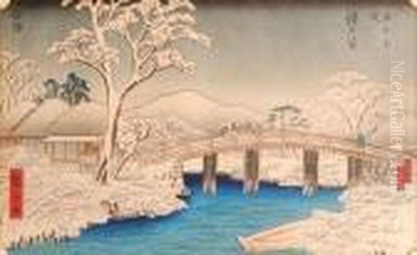 Figures Crossing Bridge In A Snow Laden Landscape Oil Painting by Utagawa or Ando Hiroshige