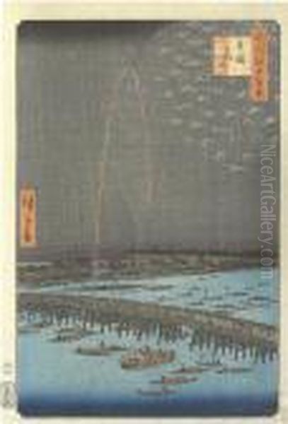 Ryogoku Hanabi Oil Painting by Utagawa or Ando Hiroshige