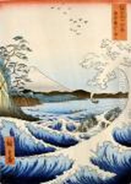 Mont Fuji Et Vagues Oil Painting by Utagawa or Ando Hiroshige