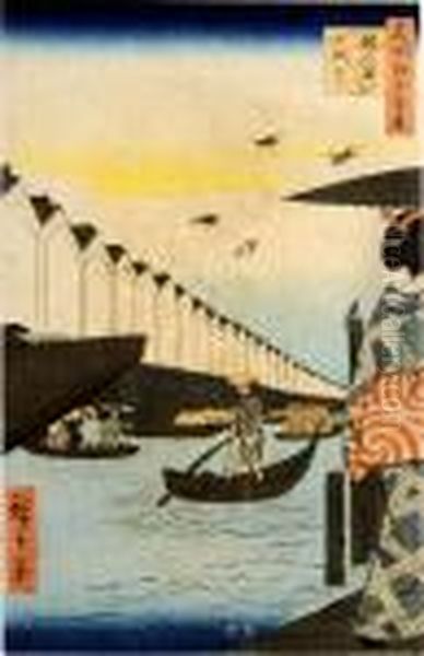 Geisha Sur Un Marche Flottant Oil Painting by Utagawa or Ando Hiroshige