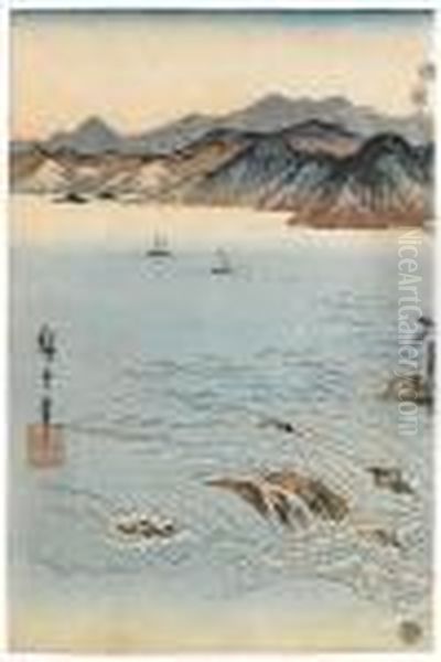 Depicting A Wide View Of The Coast Oil Painting by Utagawa or Ando Hiroshige