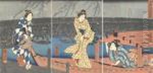 Oban Tate-e Triptych Oil Painting by Utagawa or Ando Hiroshige