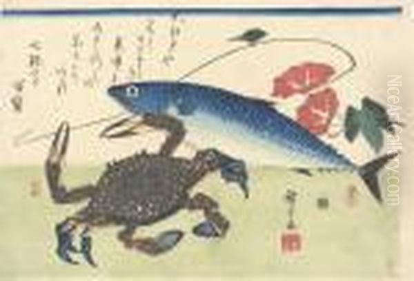 Two Prints From A Large Fish Series Oil Painting by Utagawa or Ando Hiroshige