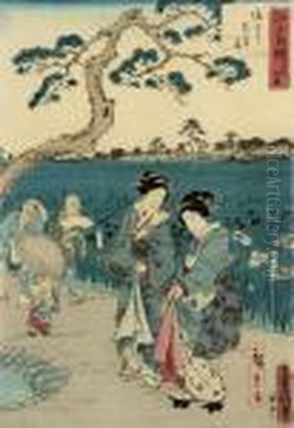 Irises At Horikiri Garden And Three Ladies Strolling Inkyoto: Oil Painting by Utagawa or Ando Hiroshige