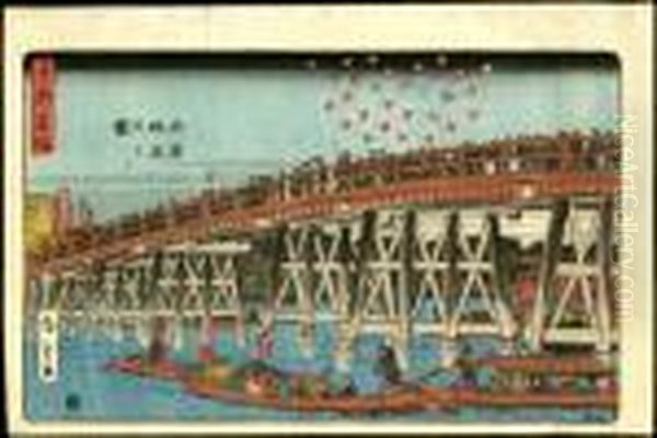 Fireworks At Ryogoku Bridge Oil Painting by Utagawa or Ando Hiroshige