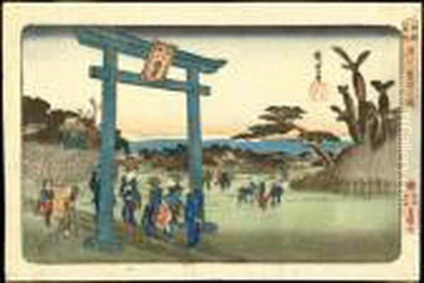 Tomigaoka Hachiman Shrine Atfukagawa Oil Painting by Utagawa or Ando Hiroshige