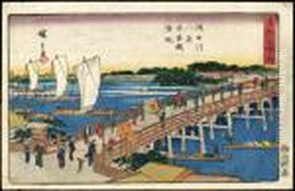 Boats Sailing Back At Azumabridge Oil Painting by Utagawa or Ando Hiroshige