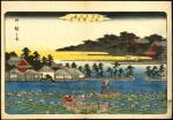 Shinobazu Pond In Ueno Oil Painting by Utagawa or Ando Hiroshige