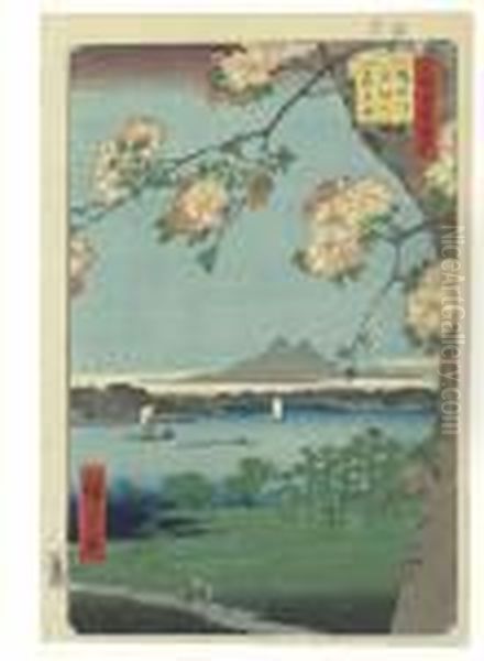 Sumidagawa Suijin No Mori Masaki (masaki And The Suijin Grove Bythe Sumida River) Oil Painting by Utagawa or Ando Hiroshige