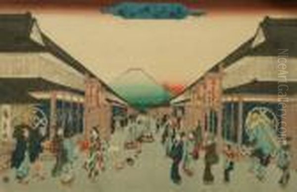 Street Scene; Woodblock Printed In Colours Oil Painting by Utagawa or Ando Hiroshige