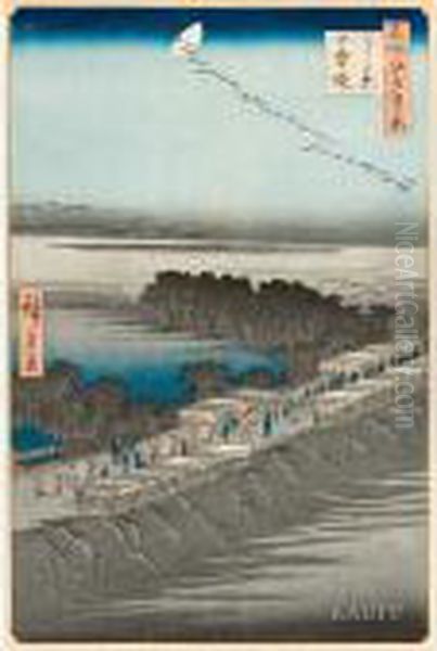 Ansicht Des Dammes Nihonzutsumi Bei Yoshiwara Amabend Oil Painting by Utagawa or Ando Hiroshige