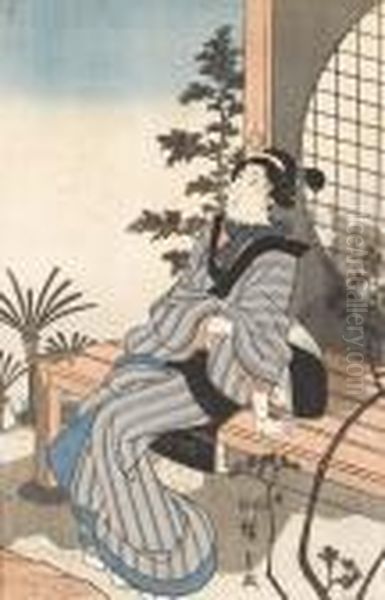 Eine Dame Sitzt Auf Der Veranda. Oil Painting by Utagawa or Ando Hiroshige