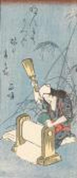 Eine Frau Trocknet Wasche. Oil Painting by Utagawa or Ando Hiroshige