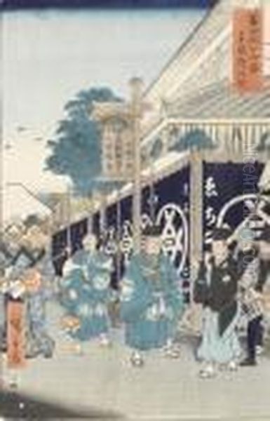 Figurenreiche Strassenszene Mit Musikanten. Oil Painting by Utagawa or Ando Hiroshige