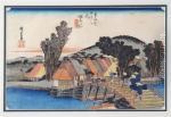 Shimmachi Bridge Oil Painting by Utagawa or Ando Hiroshige