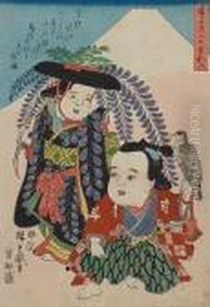 Oban Tate-e Of Two Mythological Characters Oil Painting by Utagawa or Ando Hiroshige