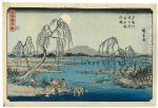 Tamagawa Aki No Tsuki Ayuryo No Zu Oil Painting by Utagawa or Ando Hiroshige