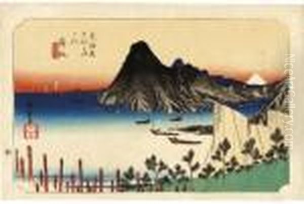 From The Series Tokaido Tsugi No
 Uchi Maisaka - Imaki Shinkei [maisaka - A True View Of Imagiri], 
Fishing Boats At Anchor In The Bay, Signed Hiroshige Ga Oil Painting by Utagawa or Ando Hiroshige