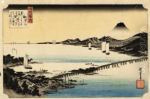 Seta No Sekisho [evening Glow At The Seta Bridge], From The Series Omi Hakkei No Uchi Oil Painting by Utagawa or Ando Hiroshige