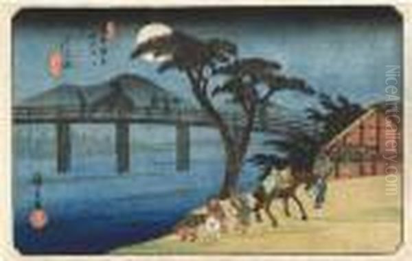 From The Series Kisokaido 
Rokujukyu Tsugi No Uchi [the Sixty-nine Stations Of The Kisokaido Road],
 Nagakubo, As Night Falls And The Moon Rises A Man Leads His Pack-horse 
Back To The Village, While Other Workers Cross The Bridge Behind Him, 
Signed  Oil Painting by Utagawa or Ando Hiroshige