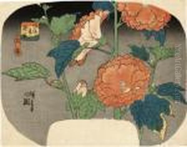 From The Series Furyu Natsu No 
Hanazono [elegant Summer Flower Gardens] Hana Aoi [hibiscus], An 
Uchiwa-e Oil Painting by Utagawa or Ando Hiroshige