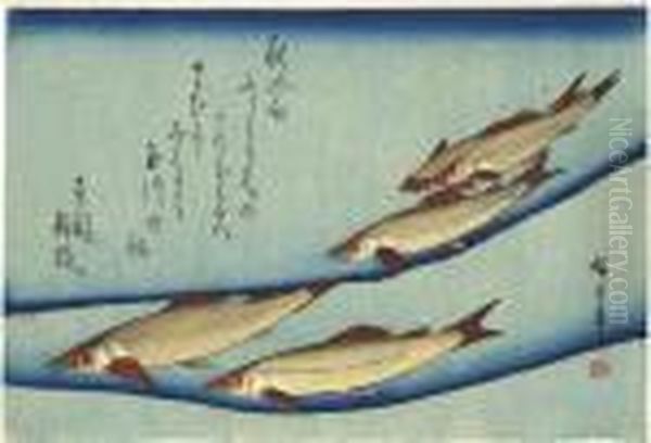 A Design Of A Shoal Of Fishes From A Large Fish Series, Signed Oil Painting by Utagawa or Ando Hiroshige