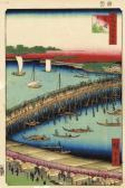 The Ryogoku Bridge, From The 
Series Meisho Edo Hyakkei [one Hundred Famous Views Of Edo, Signed 
Hiroshige Ge, Published By Uoya Eikichi, Censor's Seal Aratame, Very 
Good Impression And Colours, Wormholes In Margins Oil Painting by Utagawa or Ando Hiroshige